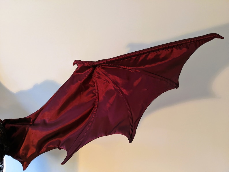 May include: A pair of red fabric wings with a textured surface. The wings are designed to look like a dragon's wings.