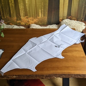May include: A white paper pattern for a pair of wings, folded on a wooden table. The pattern is labeled "Camera Wings".