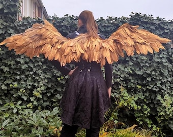 May include: A person wearing a black dress and gold angel wings. The wings are made of feathers and have a realistic look.