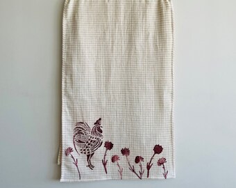 Hand block printed table runner in a burgundy rooster design