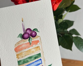 Original hand-painted birthday card, watercolour card, Rainbow Cake