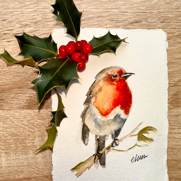 Vogel | Originele handgeschilderde aquarel | Handgemaakt | Kerstkaart | Dierenliefhebber, handgemaakt, aquarel | seizoenengroet | Robin