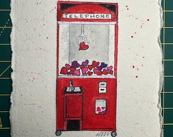 Watercolor Valentine Card, Love Claw Machine, Telephone Box Art