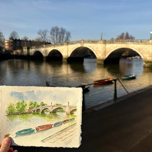 Art peint à la main de Richmond Bridge, personnalisé, art mural, cadeau pour lui et elle, moderne, scène de ville, art londonien, cadeau d'anniversaire personnalisé