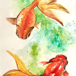 Koi | Aquarelle originale peinte à la main | Fait main | Amoureux des animaux, fait main, aquarelle | voeux de fin d'année | Koi