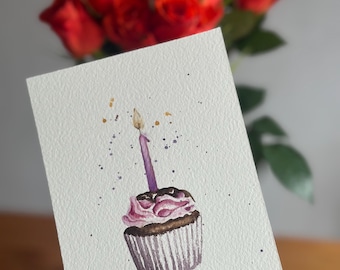 Hand-Painted Birthday Card, Watercolor Cupcake, Gold Accents