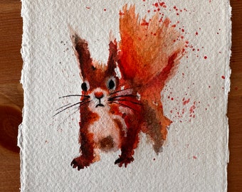 Eichhörnchen | Original handgemaltes Aquarell Wandkunst | Handarbeit | Rotes Eichhörnchen