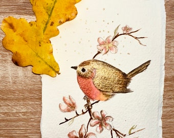 Handmade Robin Watercolor Christmas Card | Bird Art