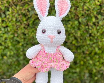 Easter Bunny White Rabbit Pink Spring Dress Handmade Crochet Plushie