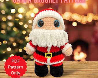 May include: Crochet pattern for a Santa Claus amigurumi doll. The doll is wearing a red and white suit with a black belt and a white beard. The doll has blue eyes and a rosy complexion. The pattern is available as a PDF download.