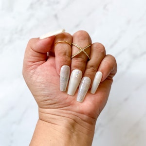 Press on nails - Sheer White with Glitter and Rhinestones