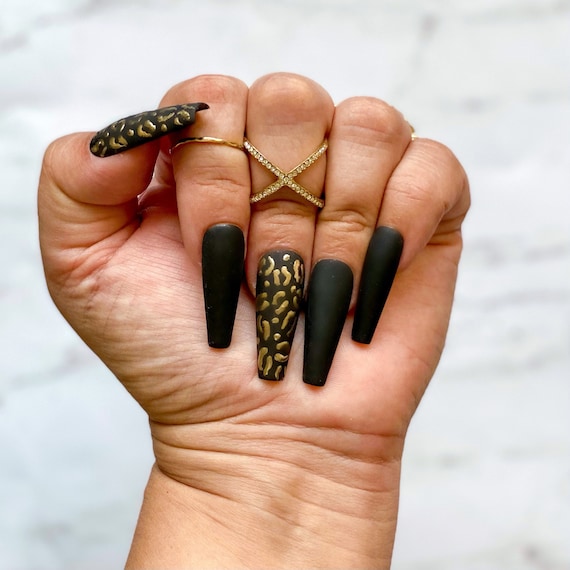 Press on Nails Matte Black Leopard Print Chrome Powder