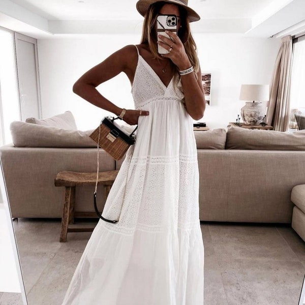 Vestido ibicenco, vestido de encaje, vestido blanco, vestido con tirantes, vestido de playa, vestido de noche, vestido elegante, moda boho