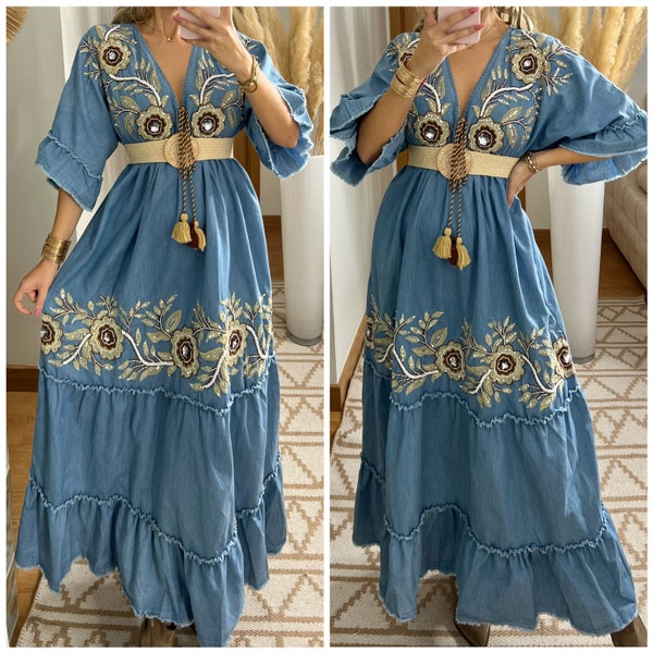 Robe maxi en denim, robe maxi boho, robe boho d’été, robe boho vintage, robe boho pour femmes, motif de robe, robes boho de mariage, robe boho