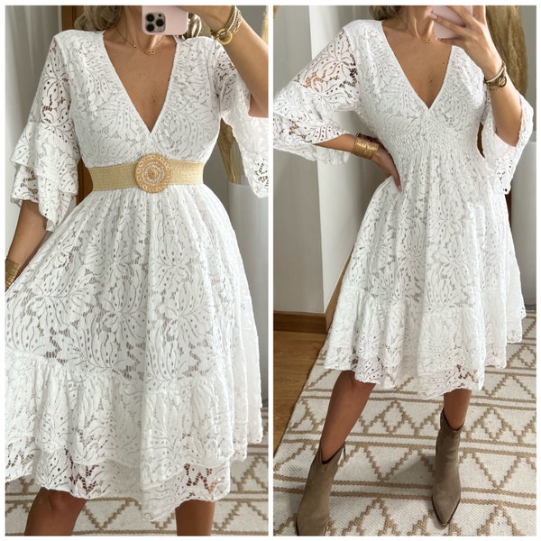 Mini-Boho-Kleid, weißes Kleid, Bohemian-Kleid, Boho-Hochzeitskleid, Spitzenkleid, Boho-Kleid, Boho-Kleid, Hochzeitskleid Boho, Boho-Kleider für Frauen