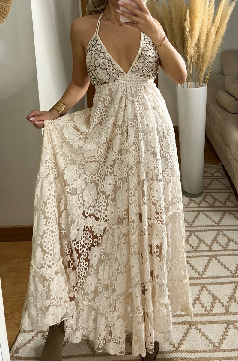 Abito da sposa Boho, abito maxi boho, abito boho estivo, abito boho vintage, abito boho da donna, modello di abito, abito boho da sposa. immagine 7