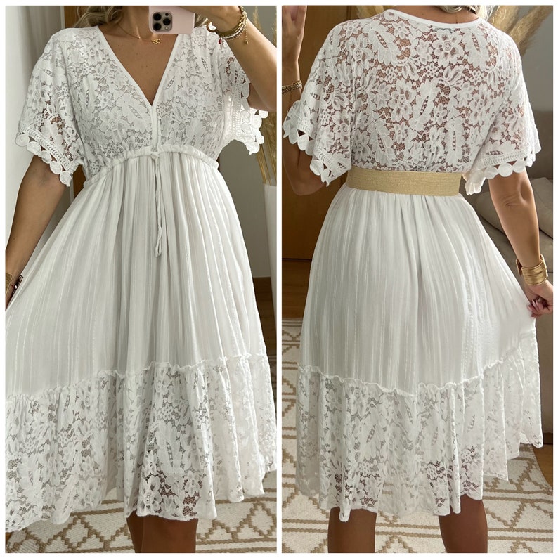 Mini robe boho, robe blanche, robe bohème, robe de mariée boho, robe en dentelle, robe boho, boho kleid, robe de mariée boho, robes boho femmes image 4