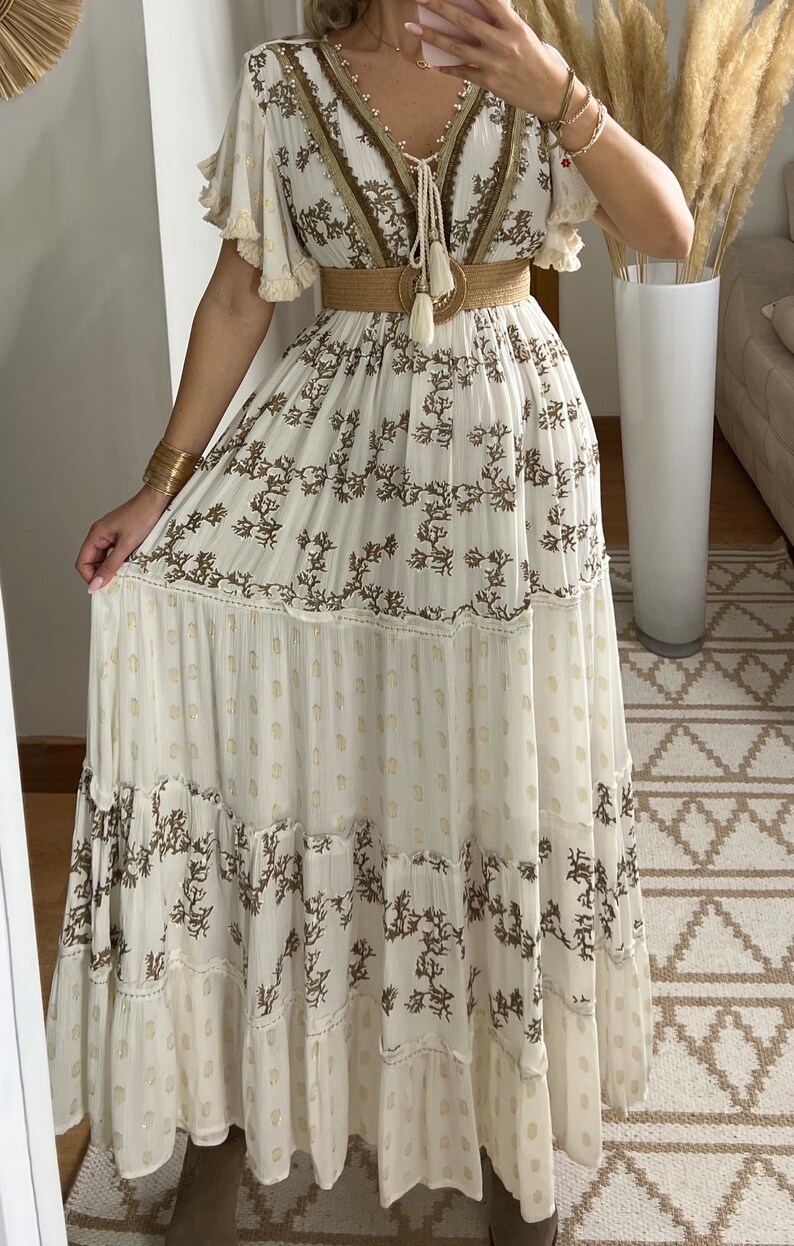 Maxikleid Herbst, Boho-Kleid, Kleid weiß, Bohemian-Kleid, Vintage-Boho-Kleid, Boho-Kleid für Frauen, Schnittmuster, Hochzeits-Boho-Kleid. Bild 5