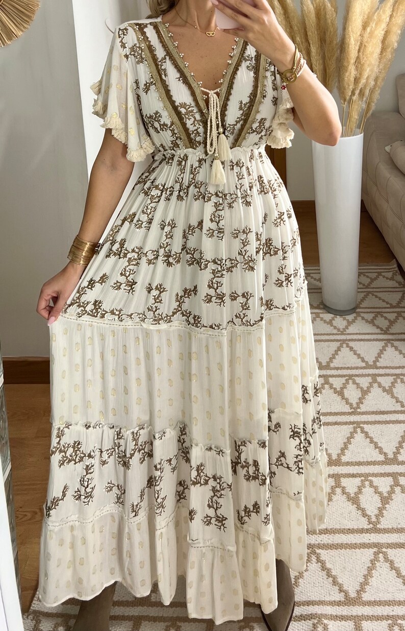 Maxikleid Herbst, Boho-Kleid, Kleid weiß, Bohemian-Kleid, Vintage-Boho-Kleid, Boho-Kleid für Frauen, Schnittmuster, Hochzeits-Boho-Kleid. Bild 2