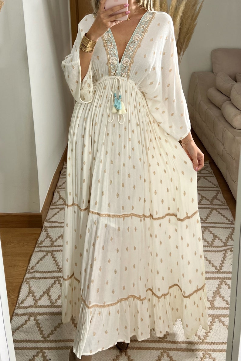 Maxi-Boho-Kleid, Kleid weiß, Bohemian-Kleid, Vintage-Boho-Kleid, Boho-Kleid für Frauen, Schnittmuster, Hochzeits-Boho-Kleid, Boho-Kleid. Bild 9