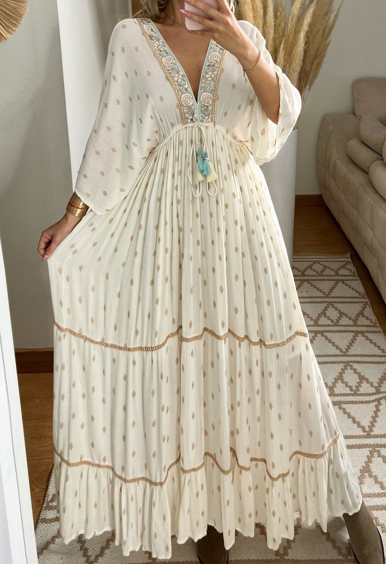 Maxi-Boho-Kleid, Kleid weiß, Bohemian-Kleid, Vintage-Boho-Kleid, Boho-Kleid für Frauen, Schnittmuster, Hochzeits-Boho-Kleid, Boho-Kleid. Bild 8