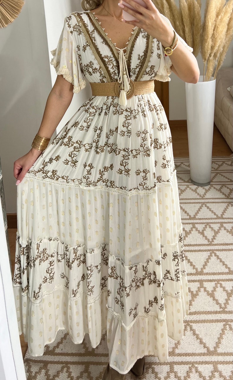 Maxikleid Herbst, Boho-Kleid, Kleid weiß, Bohemian-Kleid, Vintage-Boho-Kleid, Boho-Kleid für Frauen, Schnittmuster, Hochzeits-Boho-Kleid. Bild 9