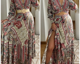 Zweiteilige Seide, Top und Hose aus Seide, Hippie-Zweiteiler, Hose und Set, Outfit-Sommer-Set, Set Boho-Kleid, Hose Maxi, kostenloser Versand. Seidenhose