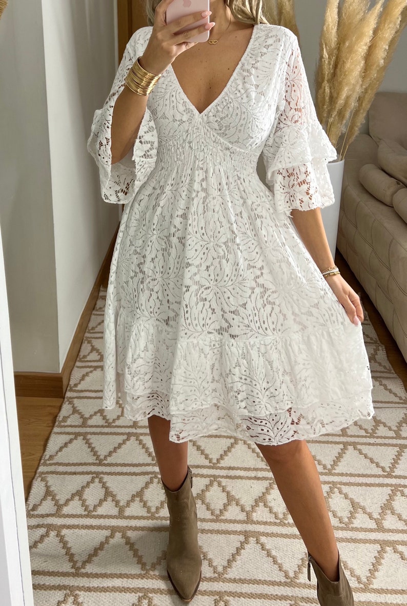 Mini robe boho, robe blanche, robe bohème, robe de mariée boho, robe en dentelle, robe boho, boho kleid, robe de mariée boho, robes boho femmes image 3