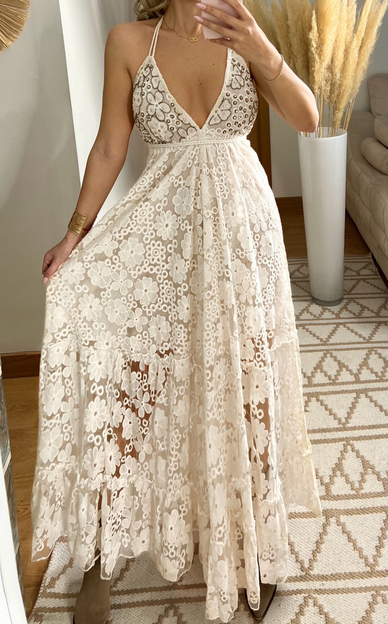 Boho-Hochzeitskleid, Maxi-Boho-Kleid, Sommer-Boho-Kleid, Vintage-Boho-Kleid, Boho-Kleid für Frauen, Kleidermuster, Hochzeits-Boho-Kleid. Bild 4