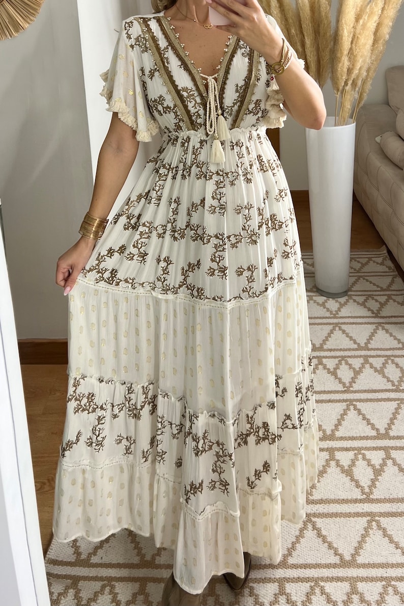 Maxikleid Herbst, Boho-Kleid, Kleid weiß, Bohemian-Kleid, Vintage-Boho-Kleid, Boho-Kleid für Frauen, Schnittmuster, Hochzeits-Boho-Kleid. Bild 7