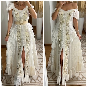 Vestido de novia Boho de playa con encaje francés vintage / Espalda abierta  de cruz entrecruzada / Vestido de novia boho / Giselle HECHO A PEDIDO -   México