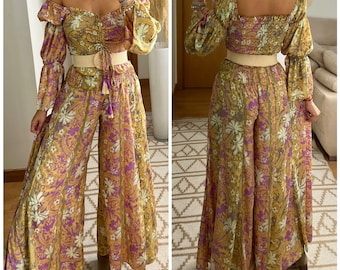 Zweiteilige Seide, Top und Hose aus Seide, Hippie-Zweiteiler, Hose und Set, Outfit-Sommer-Set, Set Boho-Kleid, Hose Maxi, kostenloser Versand. Seidenhose