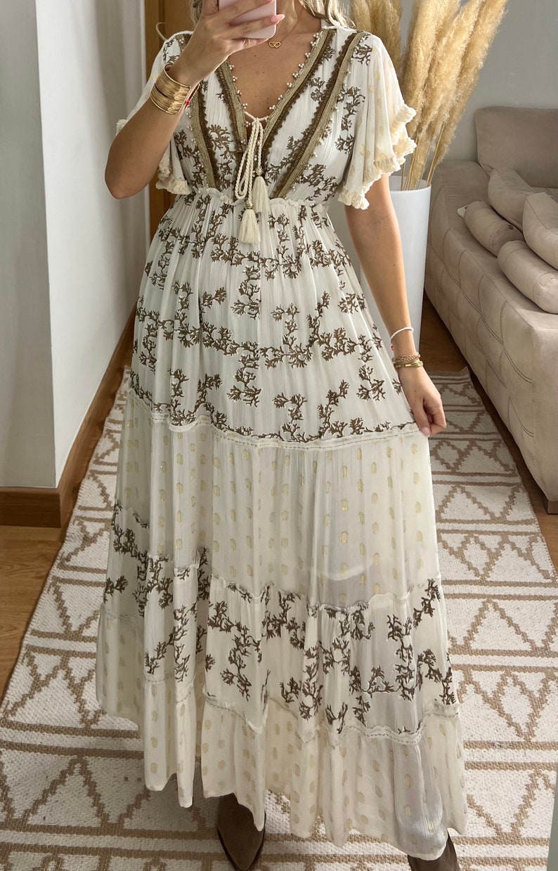 Maxikleid Herbst, Boho-Kleid, Kleid weiß, Bohemian-Kleid, Vintage-Boho-Kleid, Boho-Kleid für Frauen, Schnittmuster, Hochzeits-Boho-Kleid. Bild 6