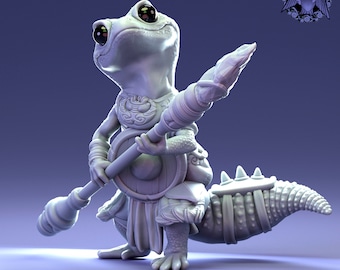 Leopard Gecko Spearman (32mm) | Pepunki Creatures | UNPAINTED Miniature in Resin