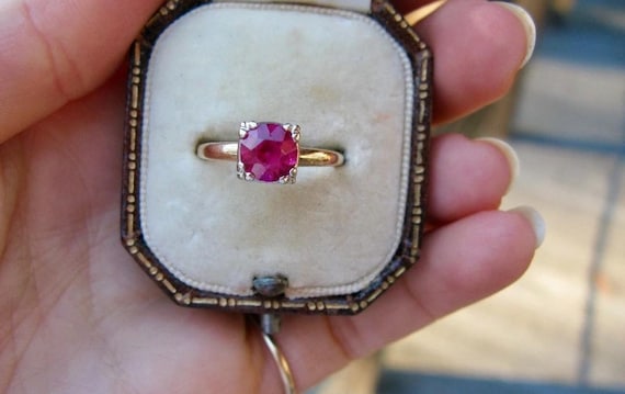 Old European cut Lab Ruby Solitaire ring - image 3