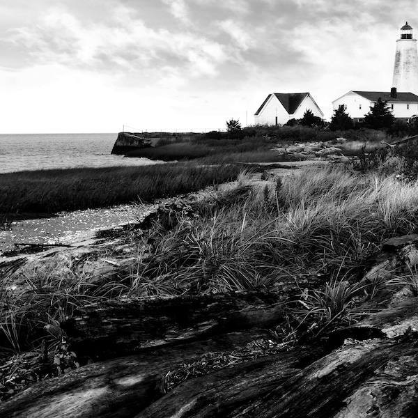 Old Saybrook Lighthouse, Lighthouse Photography, Nautical Coastal Decor, Seaside Beach Decor, Rustic, Black and White, Black and White photo