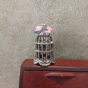 Birdcage Decoration with Owl, Roses and Grapes - 1:12 Scale Dollhouse Miniature OOAK