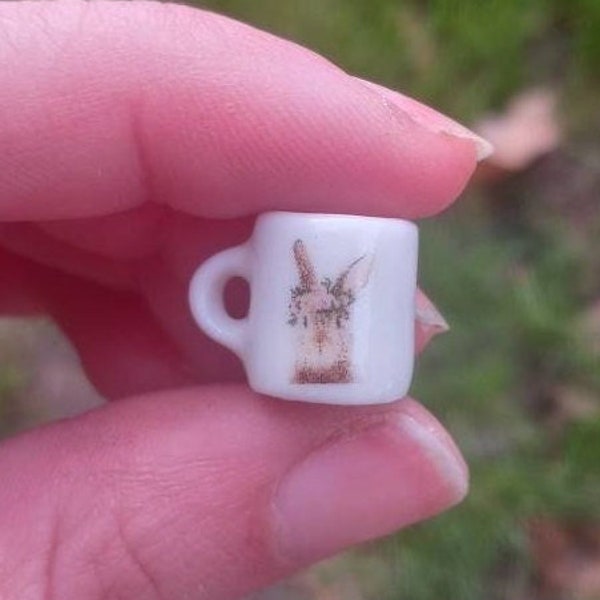 Spring bunny coffee mug, rabbit with flower crown Easter coffee cup - 1:12 dollhouse miniature