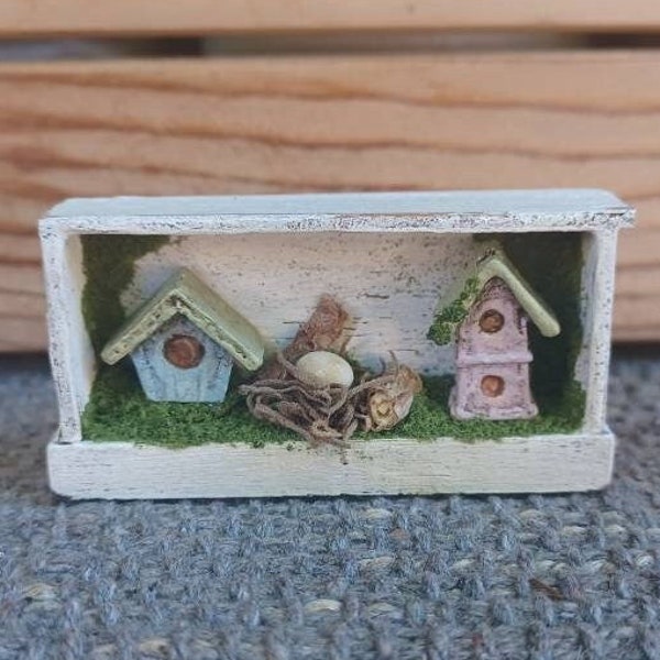 Birdhouses and nest in salvaged drawer - 1:12 dollhouse miniature OOAK