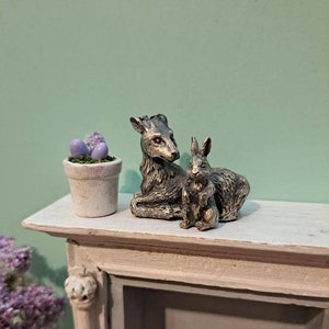 Vintage Pewter Deer and Rabbit - 1:12 Scale Dollhouse Miniature