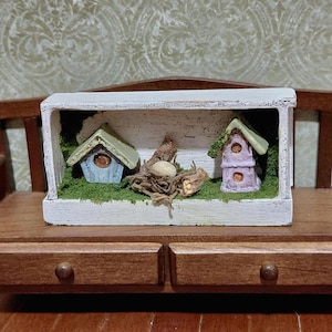 Birdhouse Vignette in Salvaged Drawer - 1:12 Scale Dollhouse Miniature OOAK
