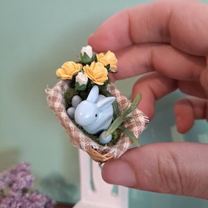 Blue Cottage Easter Basket - 1:12 Scale Dollhouse Miniature OOAK
