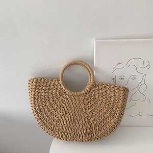 Half Moon Straw Woven Bag | With Drawstring Pocket | Straw Beach Bag | BROWN