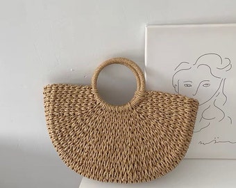 Half Moon Straw Woven Bag | With Drawstring Pocket | Straw Beach Bag | BROWN