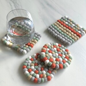 Mix Pastel Tone Felt Ball Coasters Set | Handmade Wool Felt | Round Coaster | Square Coaster | Absorbent Cup Mat | Housewarming Gift