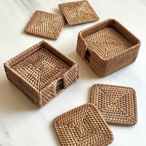 Rattan Woven Square Coasters | Handcrafted Coaster Set | Natural Cup Mat | Sustainable Gift
