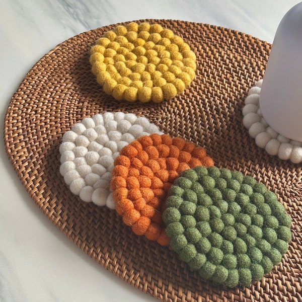 Colourful Handmade Wool Felt Ball Coasters Set | Soft Round Coasters | Sustainable Coasters