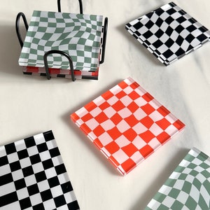 Wavy Checkerboard Acrylic Coasters | Eclectic Checkered Coaster | Gift Coasters