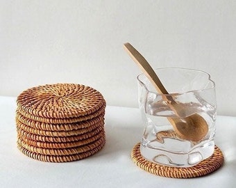 Handmade Rattan Coasters | Round Woven Coasters with Holder | Natural Coaster Set | Gift for Him