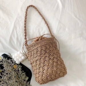 Handwoven Straw Bucket Bag | Braided Shoulder Bag with Drawstring Pocket | BROWN